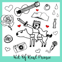 Set in the style of hand drawing, comic illustration outline. Terrible prince on horseback.