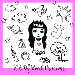Set in the style of hand drawing, comic illustration outline. A collection of things for a gentle girl princess.