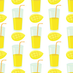 Seamless pattern with glasses of mango juice, slices of mango fruit on a white background. Vector flat illustration.