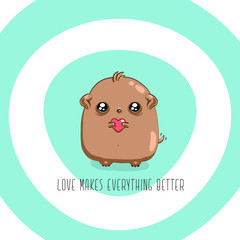 Vector illustration. Cute puppy with a heart in its paws. Greeting card, cartoon style. Hawaiian dog.