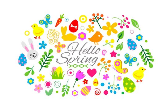 Hello spring and easter collection of cute animals, flowers, elements on white background cartoon vector illustration. Egg, birds, bunny, sun and cloud and flowers for hello spring cards.