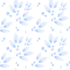 Delicate twigs watercolor digital art seamless pattern on white background. Print for cards, invitations, weddings, banners, posters, fabrics, wrapping paper, packages, web design.