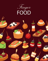 Finger food with shrimps, fish, olives and green vegetables appetizer, canapes, tapas on plate, cartoon background vector illustration. Buffet, restaurant canape finger food and snack poster.