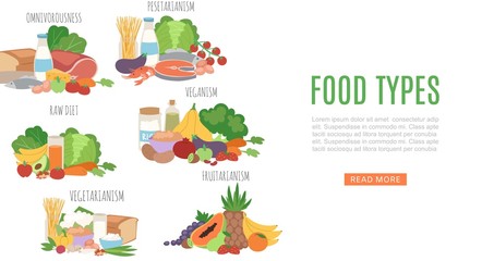 Diets types, nutririon food types product for organic vegetarian, raw food concept, vegans diet, omnivorousness health vector illustration. Vegetarianism, fruitarianism diets food types.
