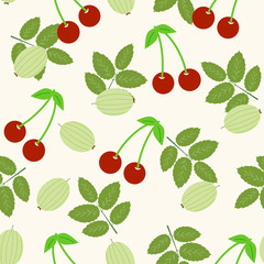 Ripe berries seamless pattern. Summer garden berries  gooseberries, cherries. Fruit print.