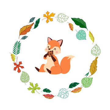 Cute fox and autumn leaves round frame cartoon childish vector illustration. Funny fox for childs book, textile and autumn card invitation decoration.