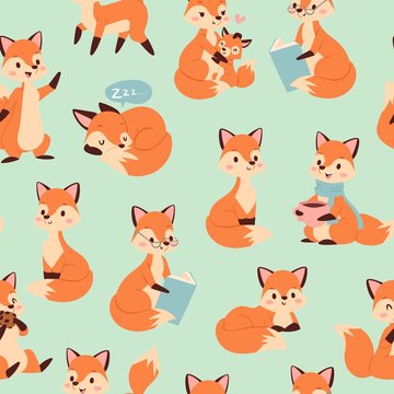 Cute fox seamless pattern with foxy endless background, texture, children s backdrop vector illustration. Funny foxes sitting, sleeping, palying and reading books.