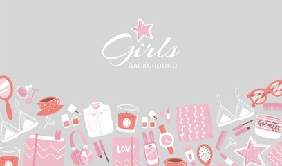 Girls accessories and cloths background with makeup, bags star, cosmetic, footwear and purses cartoon vector illustration poster. Girls accessories poster for beauty or cloths shop.