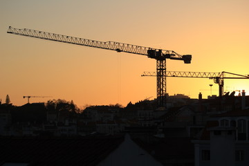 Cranes working at sunset in Lisbon