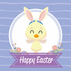 happy easter seasonal card with little chick using rabbit ears