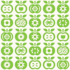 Apple seamless pattern. Set of green retro apple clip art. Vector illustration.