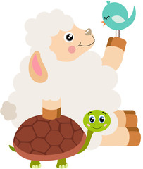 Cute lamb with bird and turtle friends