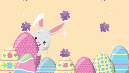happy easter animated card with eggs painted and rabbit