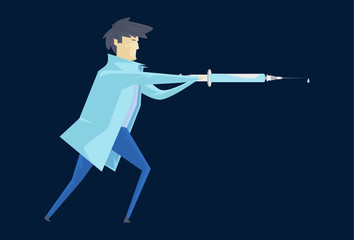Fully editable vector illustration of a male health professional wielding a syringe to fight virus and diseases