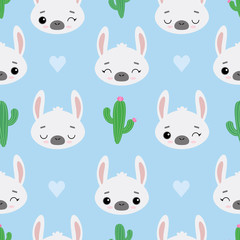Seamless vector pattern with llamas, cacti and hearts. Cute emotional alpacas on a blue background. For printing on fabric, wallpaper, children's products.