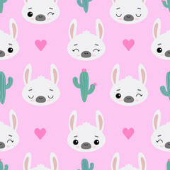 Seamless vector pattern with llamas, cacti and hearts. Cute emotional alpacas on a pink background. For printing on fabric, wallpaper, children's products.