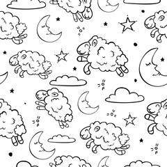 Moon and sheep seamless pattern. Count the sheep before bedtime. Children doodle illustration. For fabric, background, kids wallpaper.