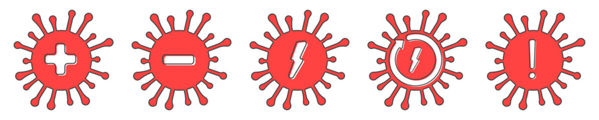 Coronavirus red flat icon set.  infected 2019-ncov positive coronavirus test result.  danger of reinfection, attention,prohibition. Stop covid-2019 and covid-2020