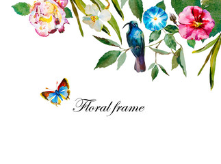 Summer floral header frame background with watercolor flowers rose, mallow, narcissus, blue humming bird and butterfly