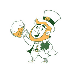 Happy Saint Patrick's Day. Character with green hat. Cartoon funny leprechaun with clover. Vector illustration, flat character. Cute cartoon character holding a pint of fresh beer. Vector illustration