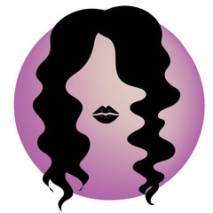 Beauty logo hairstyle silhouette. beautiful woman face, sexy black lips, eyelash extensions, fashion woman, curly hairstyle, hair salon sign, icon. Vector illustration.