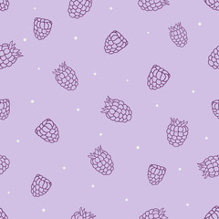 Dark hand drawn raspberries with white spots on purple background. Seamless fruit summer pattern. Good for packaging, textile.