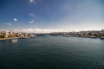 Istanbul, Turkey - October, 2019: The Bosphorus Bridge connects Europe and Asia