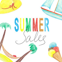 Watercolor sign summer sales with vacation elements: sailboat, hat, ice cream and palms with hammock. Hand drawn lettering on white background. Colorful word summer and black word sales.