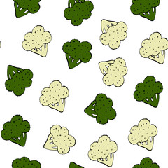 Seamless pattern with hand drawn broccoli and cauliflower. Healthy background. Flat vector illustration.