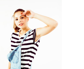 Fototapeta premium young pretty teenage hipster girl posing emotional happy smiling on white background, lifestyle people concept