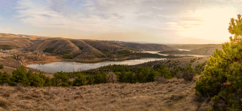 Panoramic view of Eymir Lake in the sunset, Ankara, Turkey.
