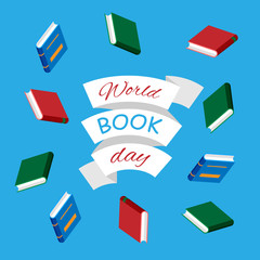 World book day. Scattered books isolated on blue background. Vector illustration.