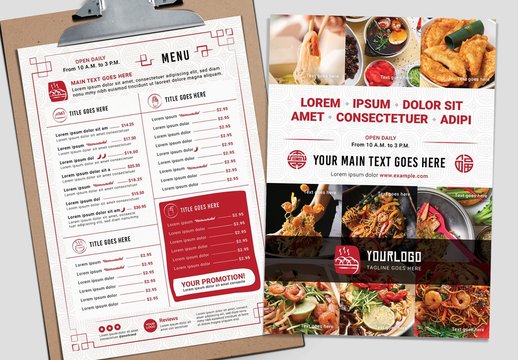Menu Layout with Red Accents and Patterned Background