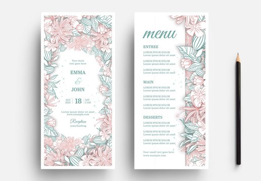 Wedding Invitation Layout with Line Art Floral Borders