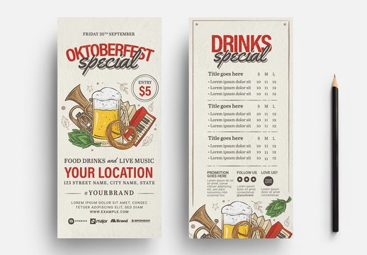 Beer Festival Flyer Layout with Beer and Musical Instrument Illustrations