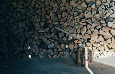 Oak Wood Stored with Ax in Log