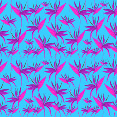 Fototapeta na wymiar Watercolor seamless exotic pattern. bright pink tropical leaves on blue background. Wildlife art illustration. Can be printed on T-shirts, bags, posters, invitations, cards. trend pattern