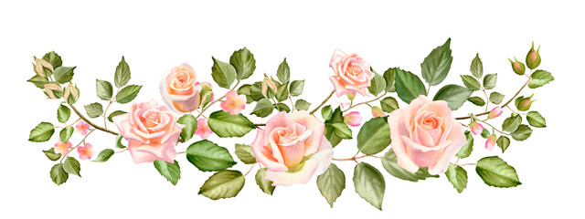 Horizontal border watercolor bouquet of blossom roses, buds and leaves. Spring or summer flowers for invitation, wedding or greeting cards.