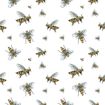 Watercolor painting seamless pattern with flying bumblebee, bee on a white background.  Sketch style. Perfect for business, invitation and web design, bed linen, textiles, wrapping paper