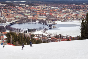 View of the city of Östersund from the top of the ski slope at Frösön