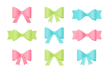 Set of vibrant realistic ribbons or bows. Decoration for party or birthday card.