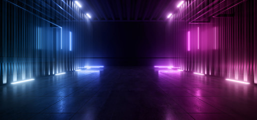 Futuristic Sci Fi Dance Club Stage Catwalk Showcase Laser Neon Blue Purple Pantone Garage Underground Concrete Metal Construction 3D Rendering