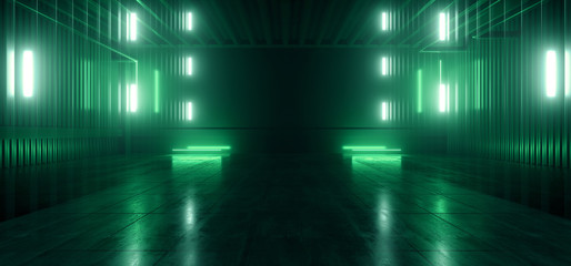 Fototapety  Futuristic Sci Fi Dance Club Stage Catwalk Showcase Laser Neon Green Pantone Garage Underground Concrete Metal Construction 3D Rendering