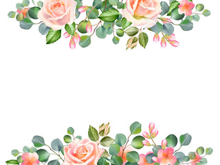 Watercolor floral illustration with roses, green eucalyptus leaves and branches isolated on white background. Hand painted flowers for invitation, wedding or greeting cards.