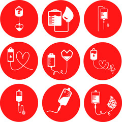 Set of Infusion icon. Intravenous bag, blood, drip. Medical help concept. Vector illustration can be used for topics like hospital, therapy, chemotherapy. infuse, blood bag. Tube and blood collection