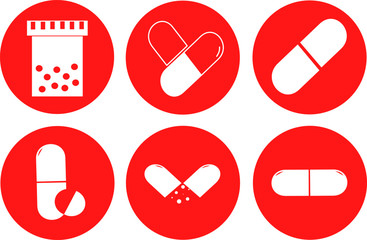 Medical pills icons set. Medicine, pharmacy, hospital set of drugs. Medication, pharmaceutics concept. Vector illustration. Drugs flat icons: pills, capsules, bottle.
