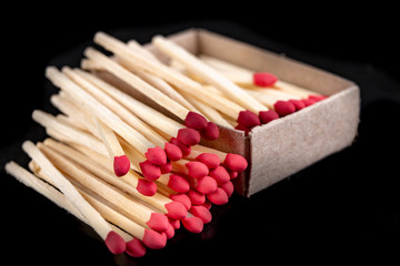 Matches in gray paper boxes. Wooden sticks with sulfur on the tip to ignite the flame.