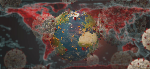 symbolic image virus cell and world map background design red 3d-illustration. elements of this image furnished by NASA