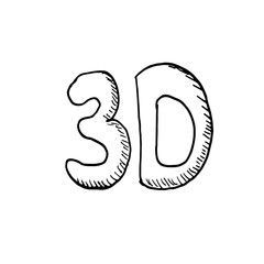 Hand lettering in cartoon style. 3D concept of cinema. Hand drawn vector simple illustration in doodle style