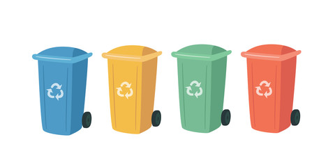 Containers for Recycling Waste Sorting. Garbage colorful cans for separate waste. Set of red, green, blue, yellow trash cans. Vector illustration on white background